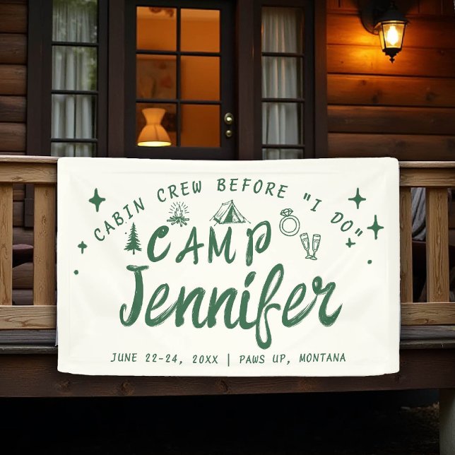 Lona Equipo de cabaña de despedida de soltera I Do dibu (camp bachelorette sign banner hand drawn handwriting hand written camping glamping hiking bach green)