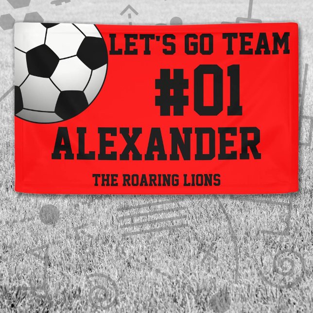 Lona Equipo de fútbol negro rojo (Red and Black Soccer Let's Go Team Banner. Celebrate your high school or college athlete.)