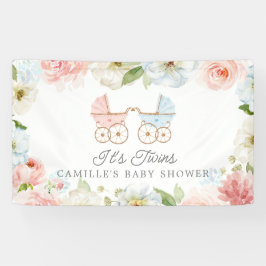 Lona Es Bienvenida Floral Azul Rosa de Gemelos Baby Sho