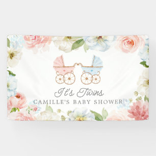 Lona Es Bienvenida Floral Azul Rosa de Gemelos Baby Sho