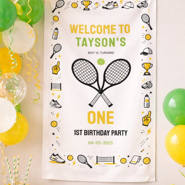 Lona Es el primer cumpleaños de Game Time Tennis - Niño (It’s Game Time Tennis 1st Birthday – Fun Kids Banner
)