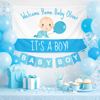 Lona Es la bienvenida a casa de un niño con globo azul