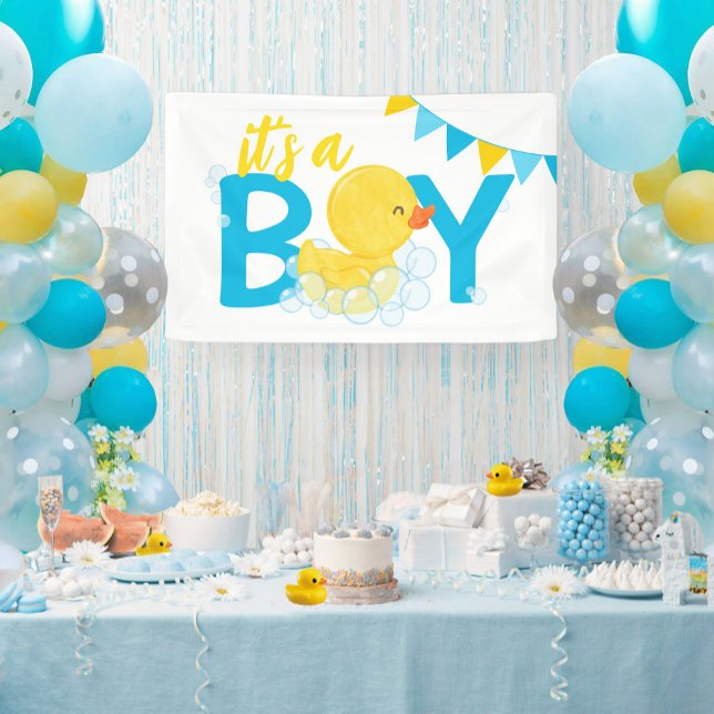 Lona Es un Baby Shower de púas de goma acuática de chic (Its a Boy Watercolor Rubber Ducky Baby Shower Hanging Vinyl Banner in White)