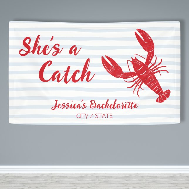 Lona Es una fiesta de soltera de langosta. (She’s a Catch Lobster Bachelorette Party Banner)