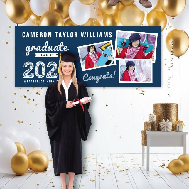 Lona Esbozo de grado 2025 Tres Fiestas de Graduación de (2024 Navy Blue & White Sketch 3 Photo, Modern Graduation Party Banner @ www.zazzle.com/color_therapy)