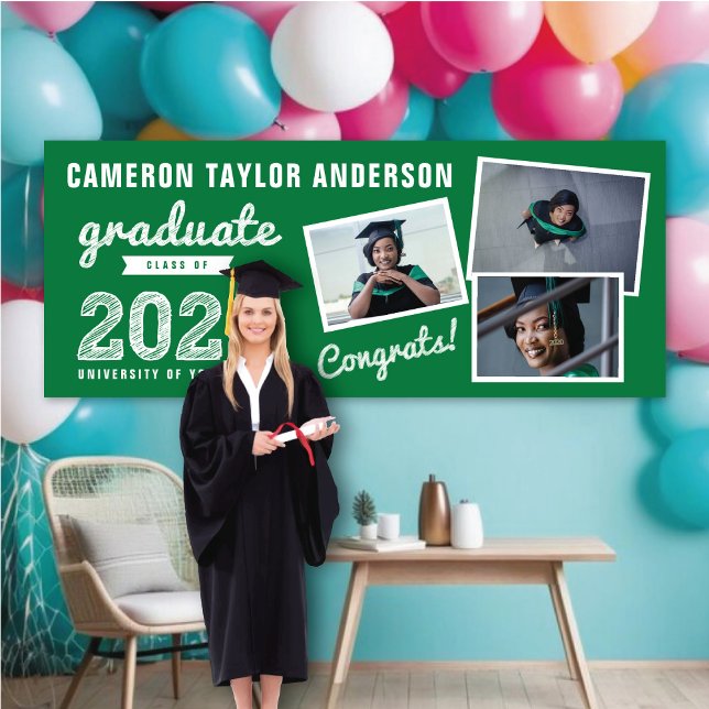 Lona Esbozo de grado 2025 Tres Fiestas de Graduación de (20YY Green & White Sketch, Modern 10 Photo Graduation Party Banner @ www.zazzle.com/color_therapy)