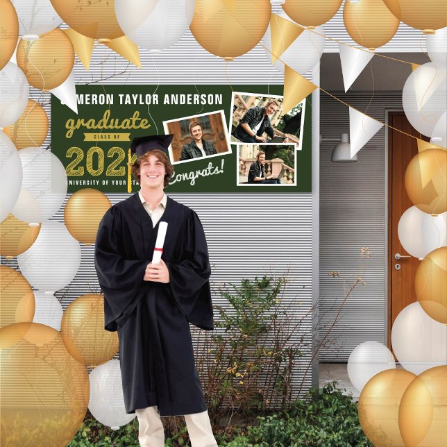 Lona Esbozo de graduados de oro 2025 3 Fiesta de gradua (2024 Green & Gold Sketch, 3 Photo Modern Graduation Party Banner @ www.zazzle.com/color_therapy)