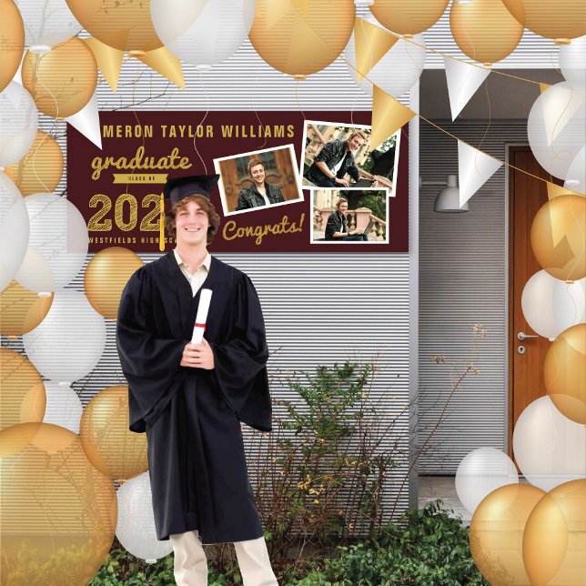 Lona Esbozo de graduados de oro 2025 3 Fiesta de gradua (2024 Maroon Red & Gold Sketch 3 Photo Modern Graduation Party Banner @ www.zazzle.com/color_therapy)
