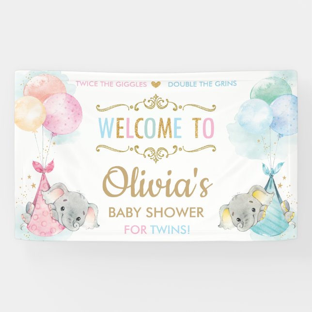 Lona Escasez de elefantes gemelos Chica Baby Shower fon (Horizontal)