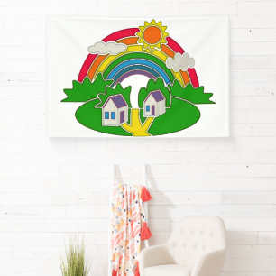 Lona Escena rural personalizado con arcoiris y casa de