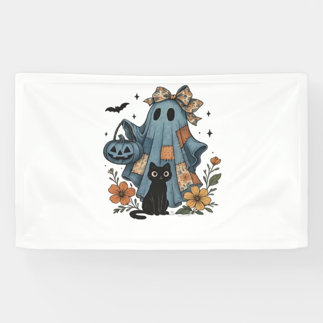 Lona Esencial T-Sh de gato negro fantasma de Halloween (Horizontal)