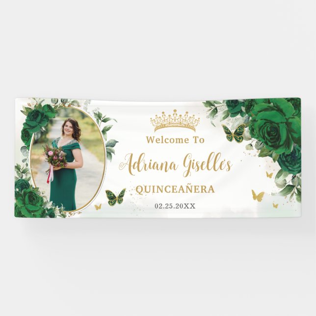 Lona Esmeralda Verde Floral Quinceañera Foto de fondo (Horizontal)