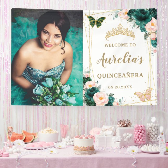 Lona Esmeralda Verde Rubor Floral Quinceañera Fondo (Fiesta)