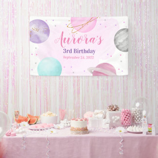 Lona Espacio Ultraterrestre Planetas Banner Rosado Cump