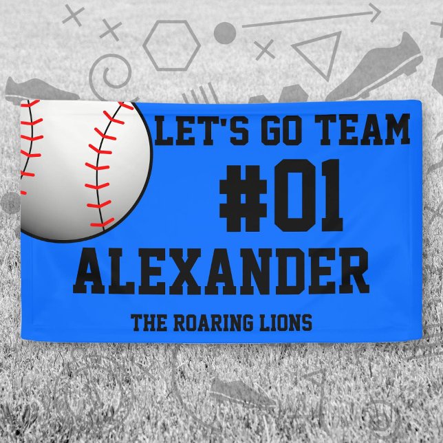 Lona Espíritu del equipo azul negro de béisbol (Blue and Black Baseball Let's Go Team Banner. Celebrate your high school or college athlete.)