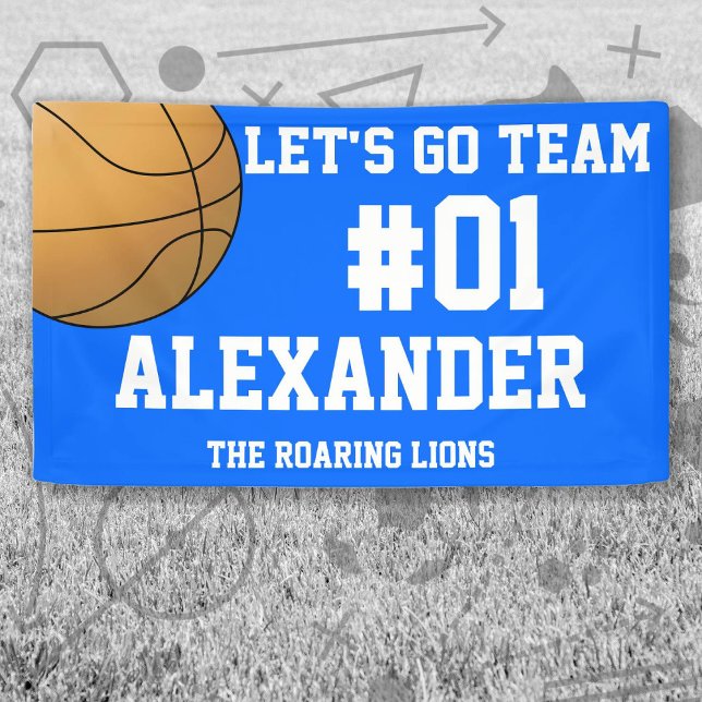 Lona Espíritu del equipo de baloncesto blanco azul (Blue and White Baseball Let's Go Team Banner. Celebrate your high school or college athlete.)
