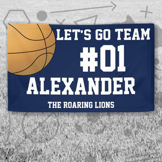 Lona Espíritu del equipo de baloncesto blanco de la Mar (Navy and White Baseball Let's Go Team Banner. Celebrate your high school or college athlete.)