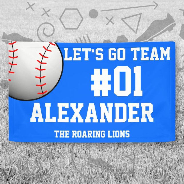 Lona Espíritu del equipo de béisbol blanco azul (Blue and White Baseball Let's Go Team Banner. Celebrate your high school or college athlete.)