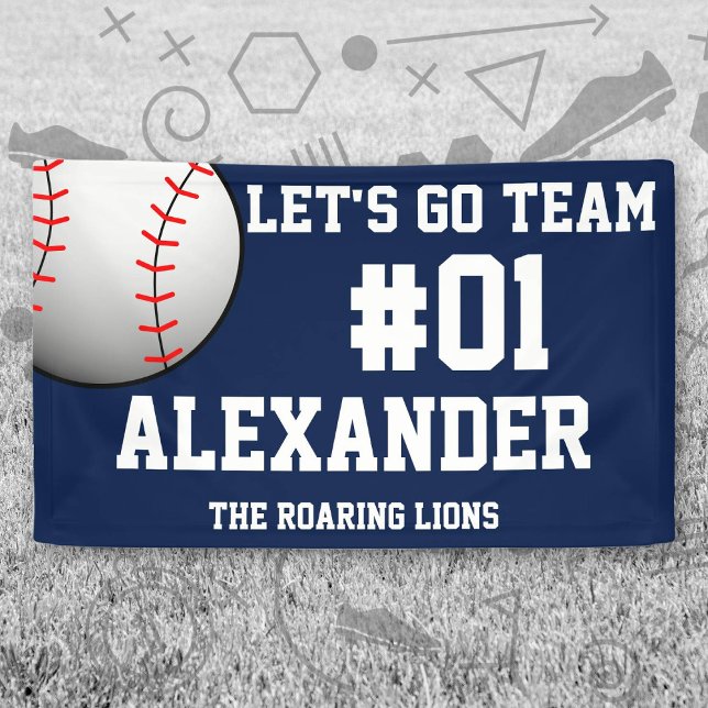 Lona Espíritu del equipo de béisbol blanco de la Marina (Navy and White Baseball Let's Go Team Banner. Celebrate your high school or college athlete.)