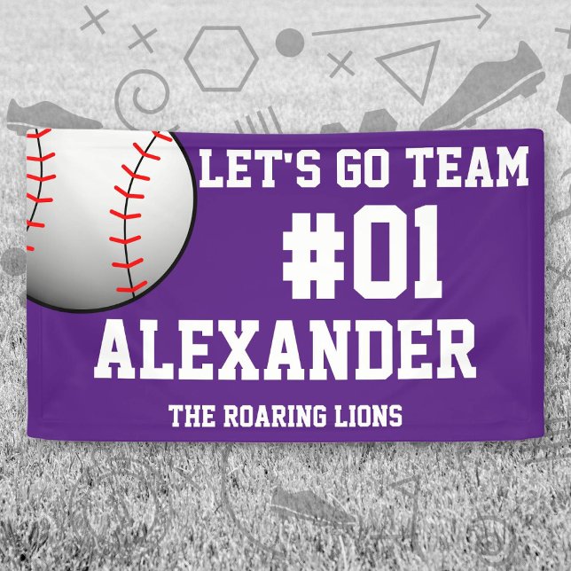 Lona Espíritu del equipo de béisbol blanco púrpura (Purple and White Baseball Let's Go Team Banner. Celebrate your high school or college athlete.)
