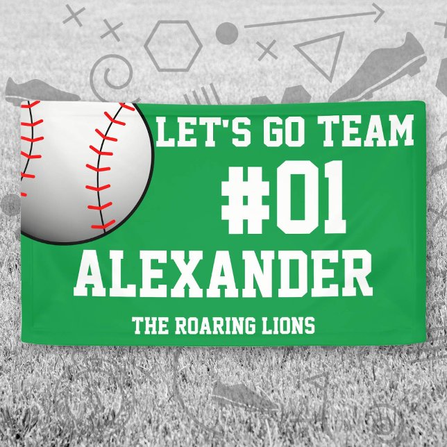 Lona Espíritu del equipo de béisbol blanco verde (Green and White Baseball Let's Go Team Banner. Celebrate your high school or college athlete.)