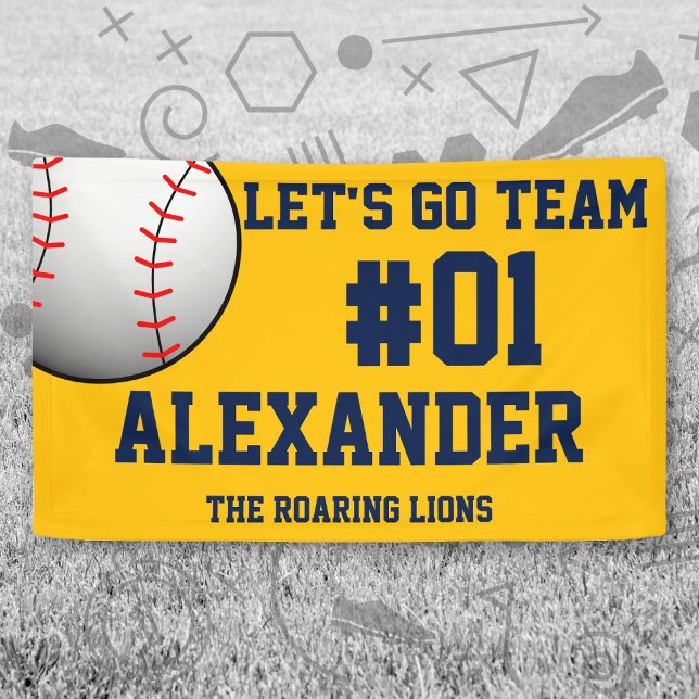 Lona Espíritu del equipo de béisbol Navy Gold (Navy and Gold Baseball Let's Go Team Banner. Celebrate your high school or college athlete.)