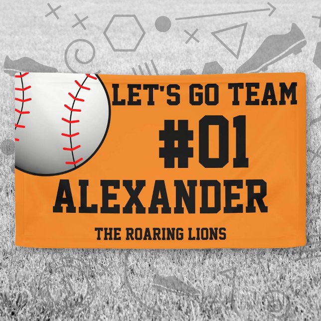 Lona Espíritu del equipo de béisbol negro naranja (Orange and Black Baseball Let's Go Team Banner. Celebrate your high school or college athlete.)