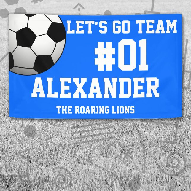Lona Espíritu del equipo de fútbol blanco azul (Blue and White Soccer Let's Go Team Banner. Celebrate your high school or college athlete.)