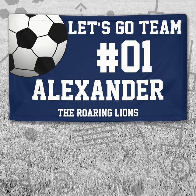 Lona Espíritu del equipo de fútbol blanco de la Marina (Navy and White Soccer Let's Go Team Banner. Celebrate your high school or college athlete.)