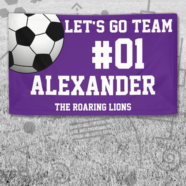 Lona Espíritu del equipo de fútbol blanco púrpura (Purple and White Soccer Let's Go Team Banner. Celebrate your high school or college athlete.)