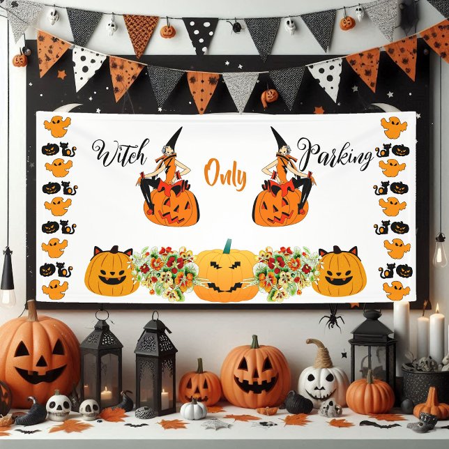 Lona Estacionamiento de Brujas Sólo Halloween Jack O La (Witch Parking Only Halloween Jack O Lantern Spooky Banner)