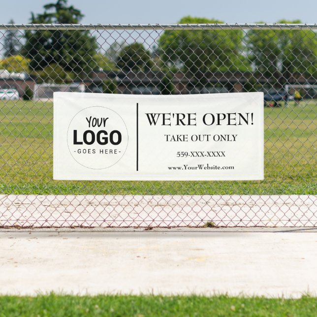 LONA ESTAMOS ABIERTO NEGOCIO SOLO PARA LLEVAR LOGO REST (In situ)