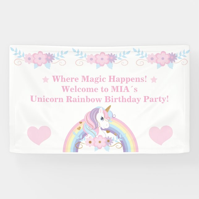 Lona Estandarte de Cumpleaños de Arcoíris de Unicornio  (Horizontal)