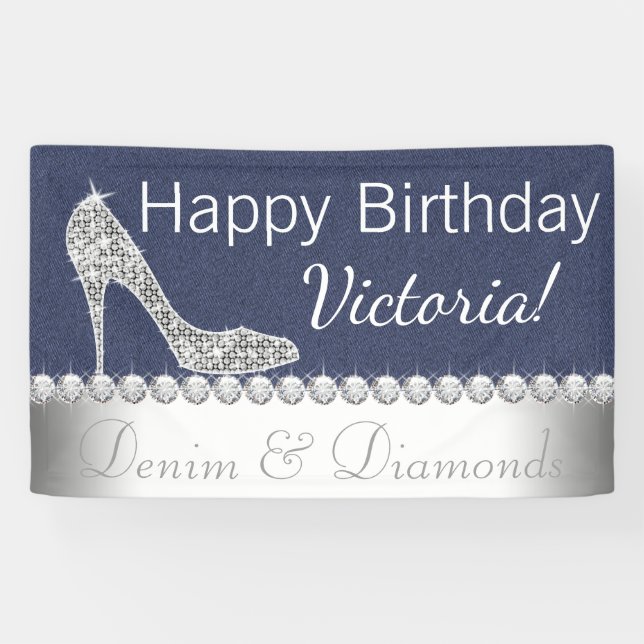 Lona Estandarte de cumpleaños de mezclilla y diamantes (Horizontal)