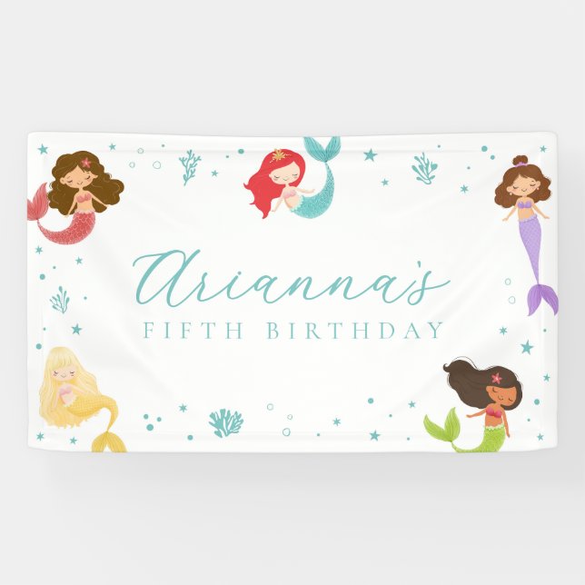 Lona Estandarte de cumpleaños de sirena arcoíris (Horizontal)