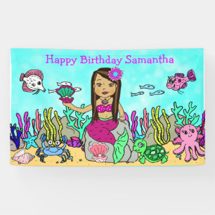 Lona Estandarte de cumpleaños de sirena bajo el mar
