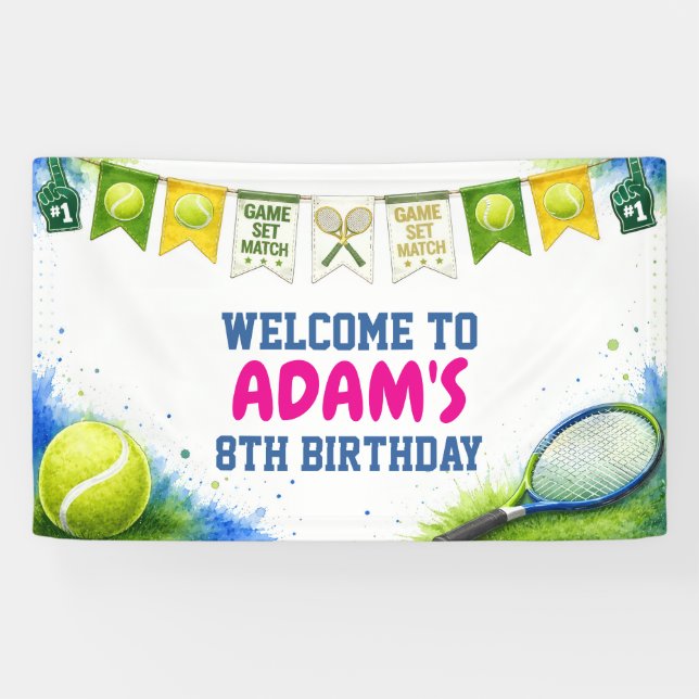 Lona Estandarte de cumpleaños de tenis acuarela (Horizontal)