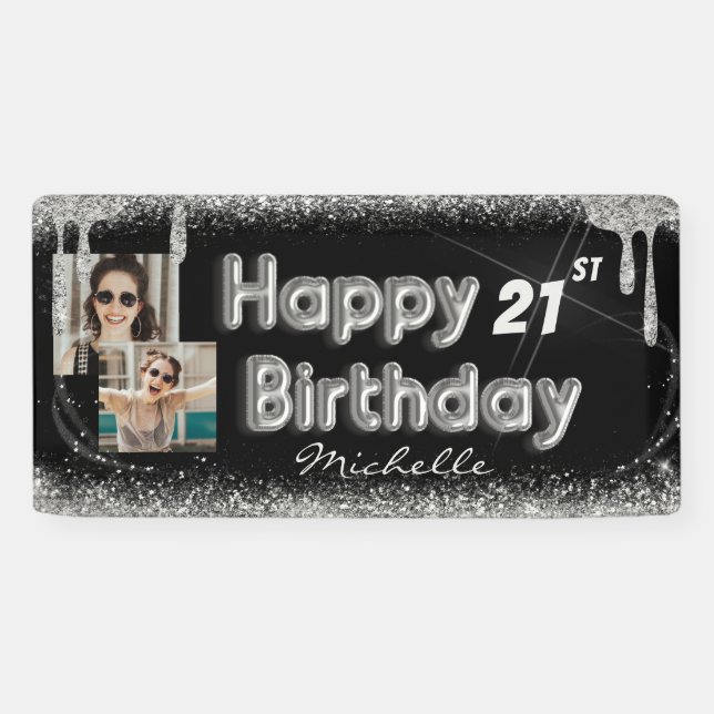 Lona Estandarte de cumpleaños femenino negro y plata co (Horizontal)
