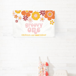 Lona Estandarte de cumpleaños floral retro Groovy One