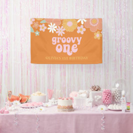 Lona Estandarte de cumpleaños floral retro Groovy One