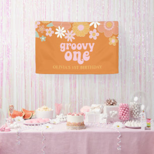 Lona Estandarte de cumpleaños floral retro Groovy One