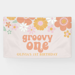 Lona Estandarte de cumpleaños floral retro Groovy One