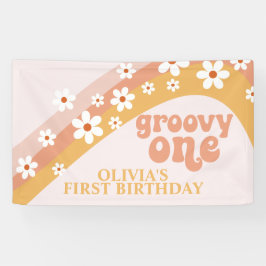 Lona Estandarte de cumpleaños Groovy One Retro Daisy