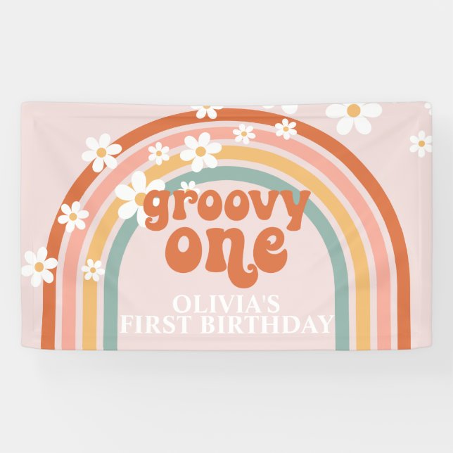 Lona Estandarte de cumpleaños Groovy One Retro Rainbow  (Horizontal)