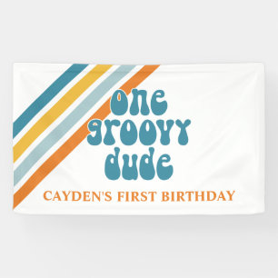 Lona Estandarte de cumpleaños Groovy One Retro Stripes 