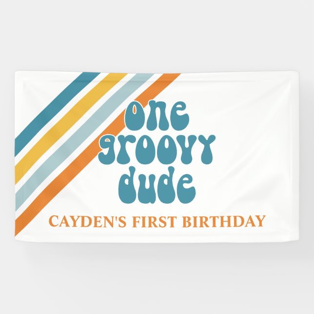 Lona Estandarte de cumpleaños Groovy One Retro Stripes  (Horizontal)