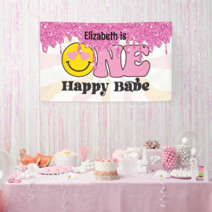 Lona Estandarte de cumpleaños Groovy Peach Pink One Hap