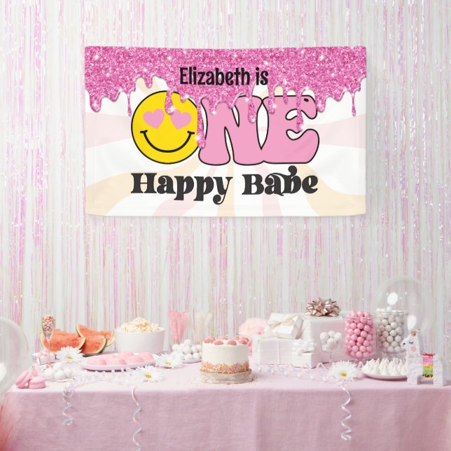 Lona Estandarte de cumpleaños Groovy Peach Pink One Hap (Fiesta)