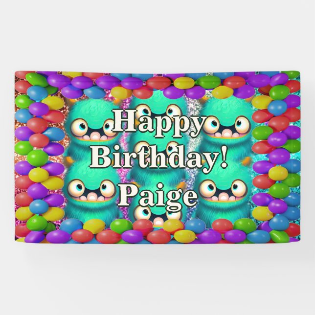 Lona Estandarte de cumpleaños personalizado de Monsters (Horizontal)