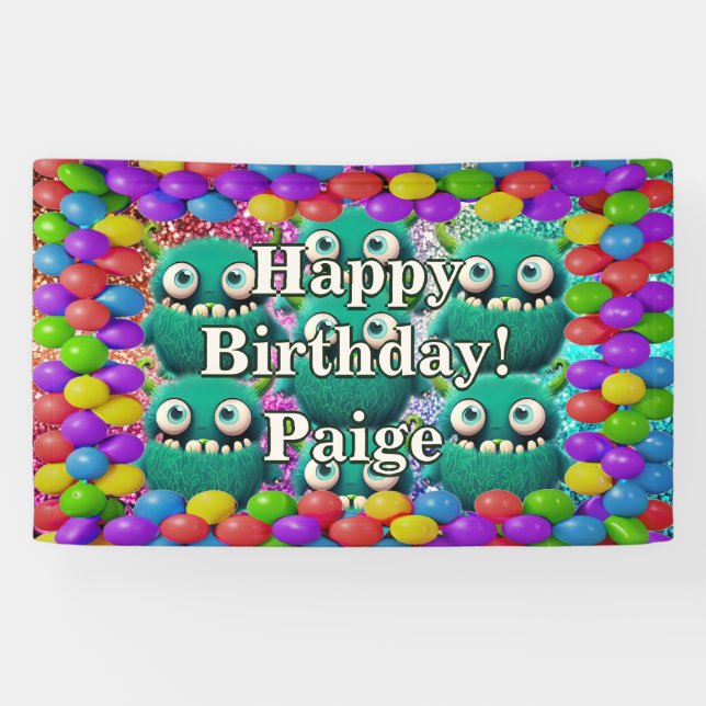 Lona Estandarte de cumpleaños personalizado de Monsters (Horizontal)